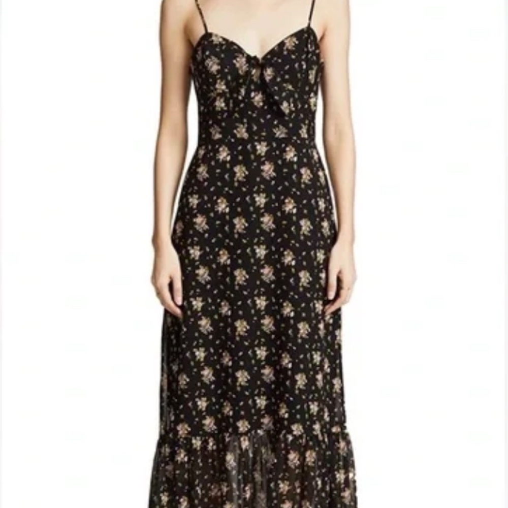 Wayf Massa Tie Knot Black Floral Midi Dress with Ruffle Hem Sz S